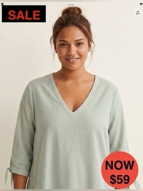 H&M L.O.G.G. Green Striped Tunic Top Tie 3/4 Sleeve Size 6